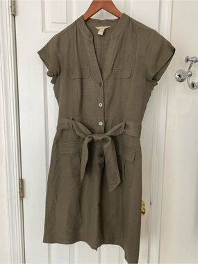 Banana Republic Olive Linen Blend Tie-Waist Dress Size 6